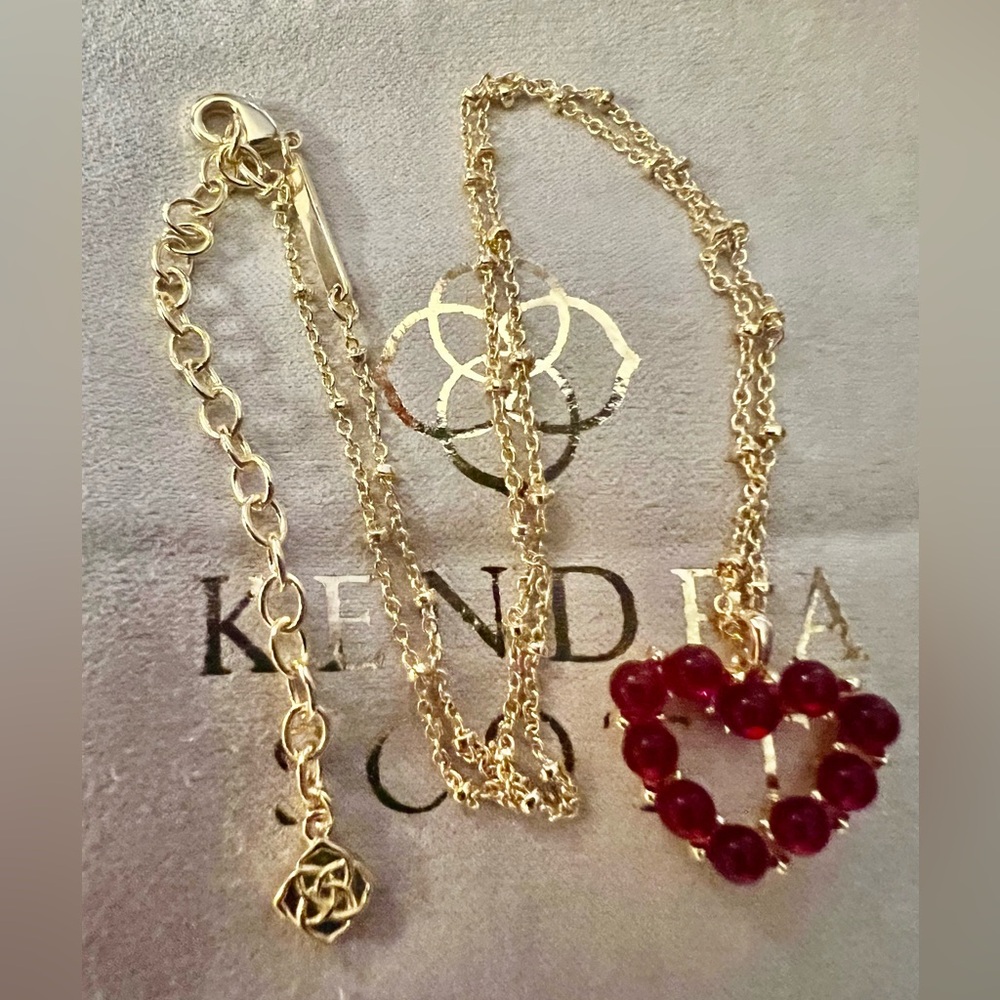 NEW W/BAG Kendra Scott Ashton Heart Gold Necklace with Red Beaded Pendant